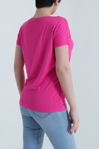 Fuşya Geniş Yaka Kadın Tişört 455061