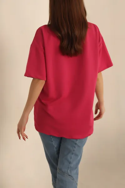 Fuşya İki İp Oversize Bayan Tişört 234379