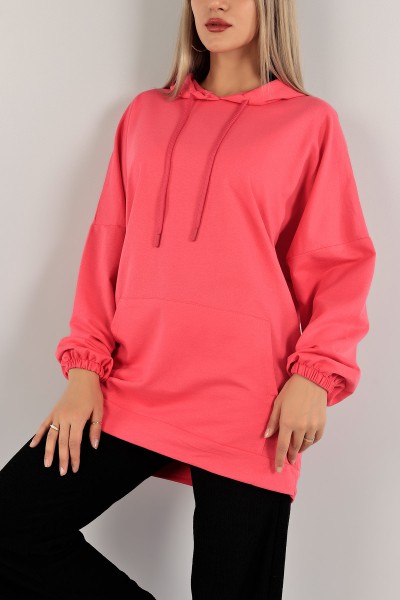 Fuşya Kapüşonlu Cepli İki İp Bayan Sweat Tunik 134979