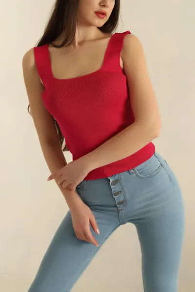 Fuşya Kare Yaka Polyemid Bluz 260374
