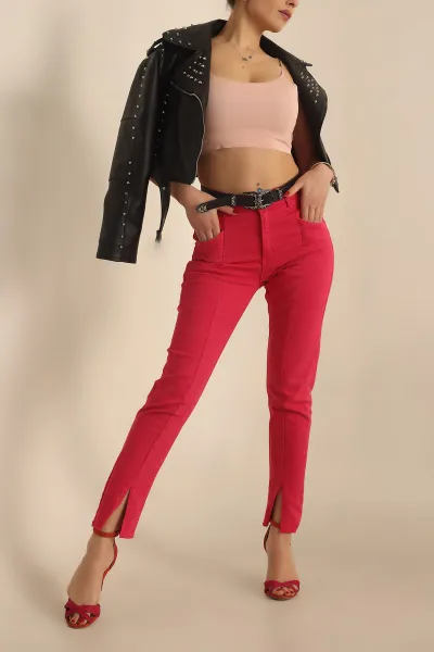 Fuşya Lazer Kesim Yırtmaçlı Kot Pantolon 229102