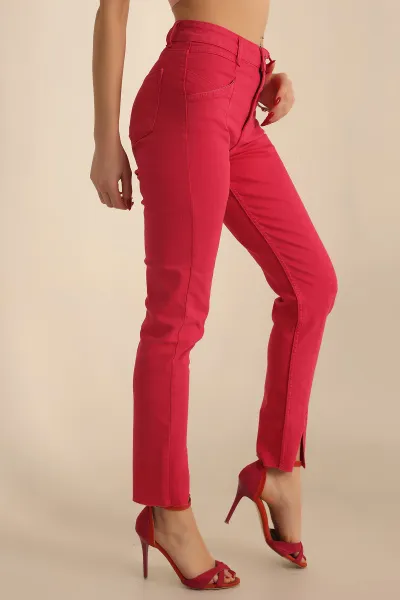 Fuşya Lazer Kesim Yırtmaçlı Kot Pantolon 229102