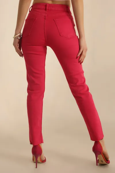 Fuşya Lazer Kesim Yırtmaçlı Kot Pantolon 229102
