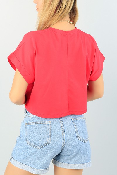 Fuşya Likralı Crop Bayan Tişört 65294