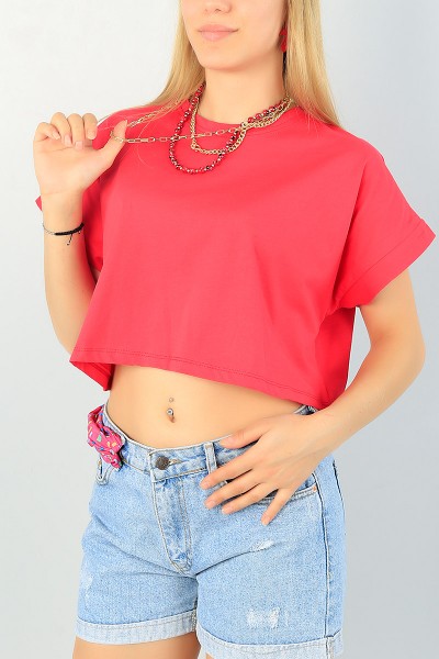 Fuşya Likralı Crop Bayan Tişört 65294
