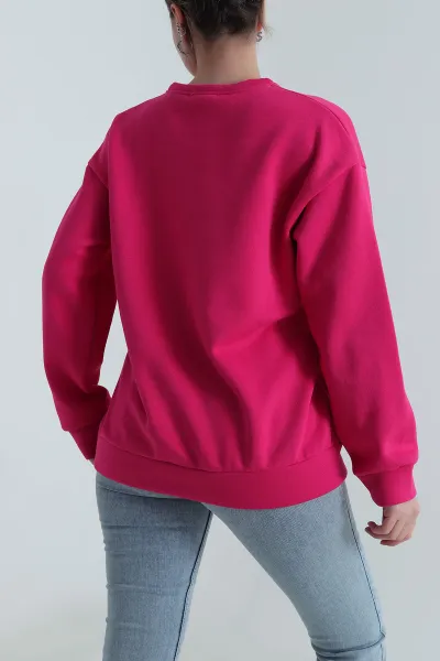 Fuşya Nakışlı Şardonlu Kadın Fermuarsız Sweat 498276