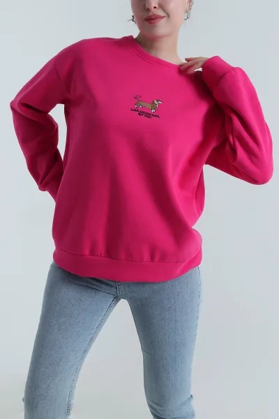Fuşya Nakışlı Şardonlu Kadın Fermuarsız Sweat 498276