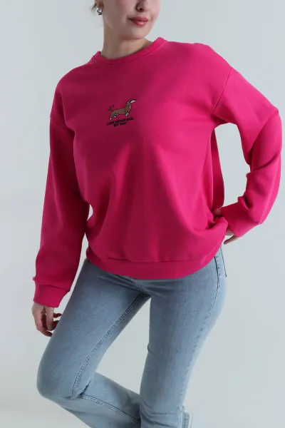 Fuşya Nakışlı Şardonlu Kadın Fermuarsız Sweat 498276
