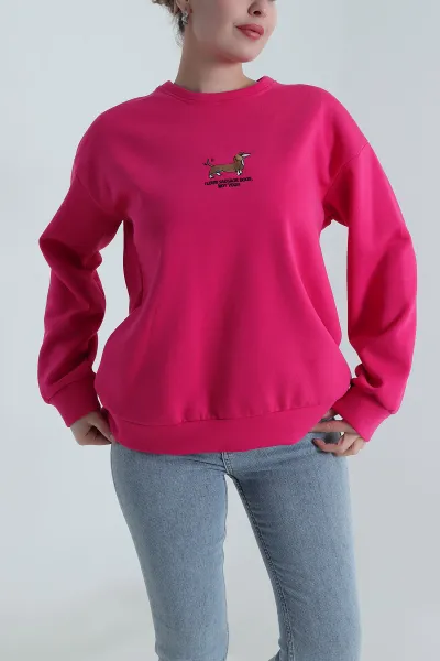 Fuşya Nakışlı Şardonlu Kadın Fermuarsız Sweat 498276
