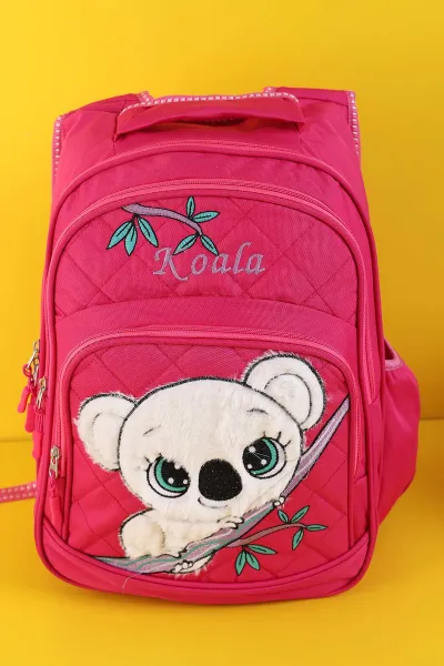 Fuşya Peluş Kabartma Desenli Beslenme Çantalı İkili Sırt Çantası Seti 289730
