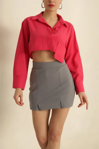 Fuşya Poplin Kumaş Cepli Crop Gömlek 255668