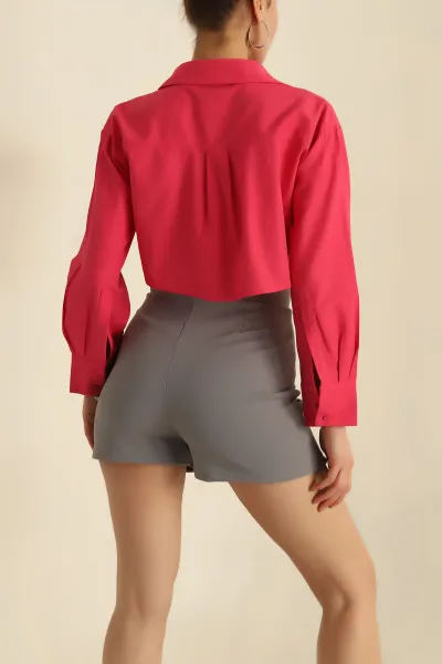 Fuşya Poplin Kumaş Cepli Crop Gömlek 255668