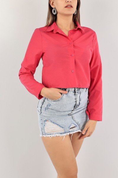 Fuşya Poplin Kumaş Crop Gömlek 118863