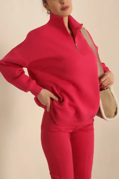 Fuşya Şardonlu Yarım Fermuar Oversize Sweat 229543