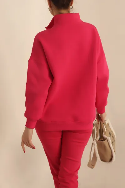 Fuşya Şardonlu Yarım Fermuar Oversize Sweat 229543