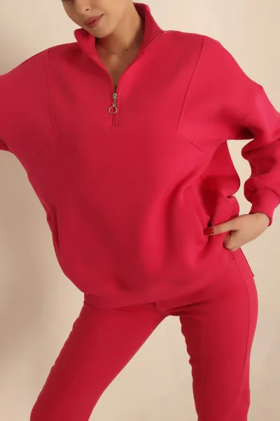Fuşya Şardonlu Yarım Fermuar Oversize Sweat 229543