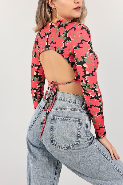 Fuşya Sırtı Bağlamalı Crop Bluz 100939