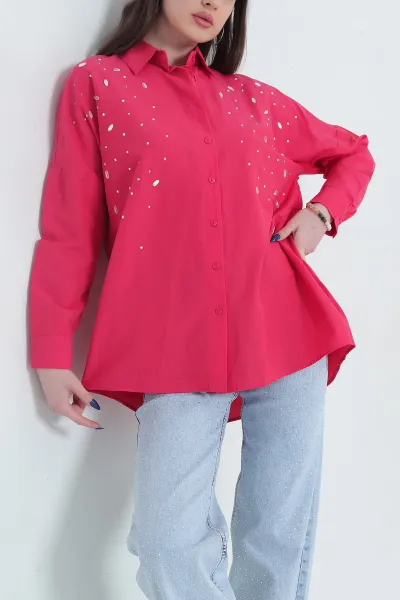 Fuşya Taş Detay Poplin Kadın Gömlek 341606