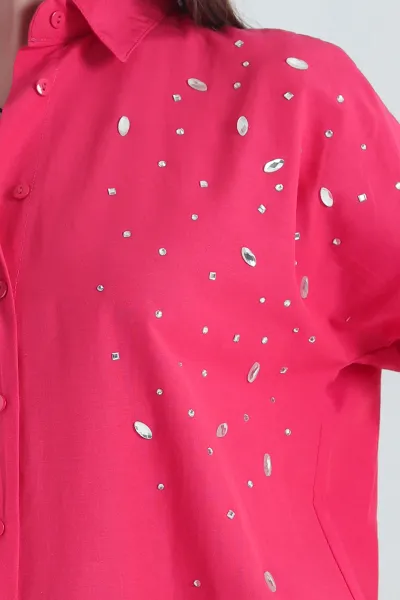 Fuşya Taş Detay Poplin Kadın Gömlek 341606