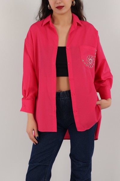 Fuşya Taş İşlemeli Poplin Dokuma Gömlek Tunik 159252