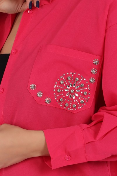 Fuşya Taş İşlemeli Poplin Dokuma Gömlek Tunik 159252