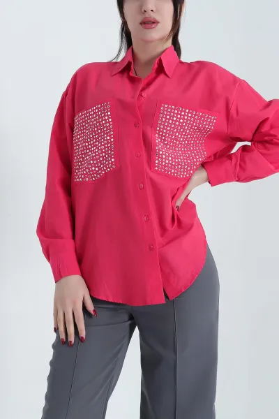 Fuşya Taşlı Çift Cep Poplin Gömlek 341254