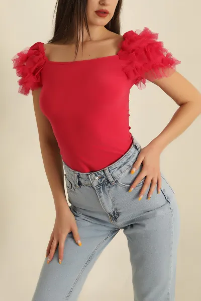 Fuşya Tüllü Kol Tasarım Sandy  Bluz 267020