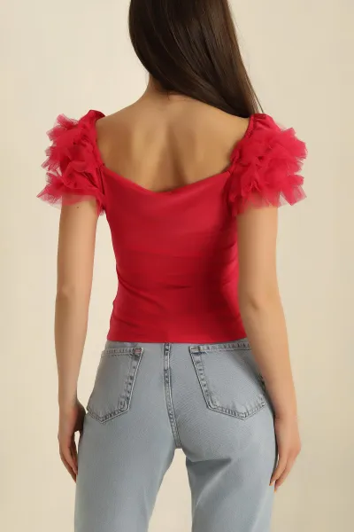 Fuşya Tüllü Kol Tasarım Sandy  Bluz 267020
