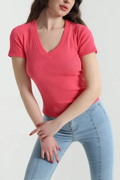 Fuşya V Yaka Fitilli Kadın Bluz 441329