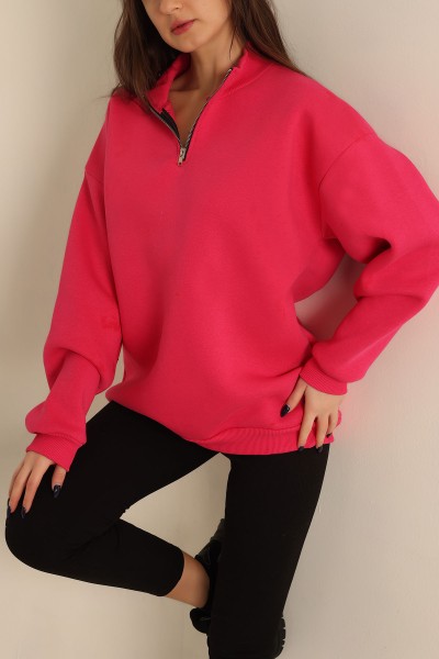 Fuşya Yarım Fermuarlı Şardonlu Sweat 224222