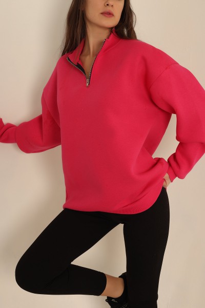 Fuşya Yarım Fermuarlı Şardonlu Sweat 224222
