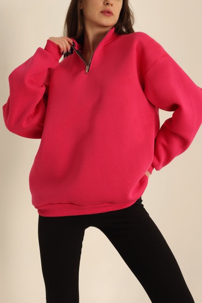 Fuşya Yarım Fermuarlı Şardonlu Sweat 224222