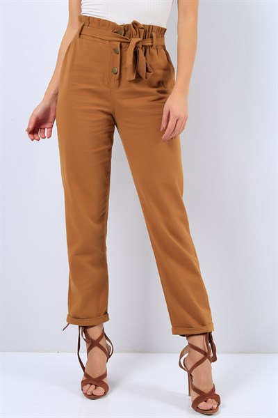 Gabardin Beli Lastikli Taba Bayan Pantolon 20988B