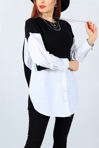 Garnili Siyah Beyaz Tasarım Triko Sweat 22824B