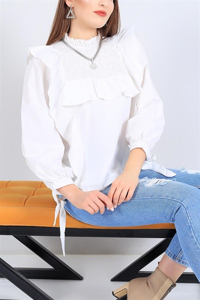 Gipe Detay Fırfırlı Kırık Beyaz Bluz 24896B