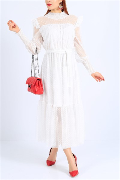 Gipeli Kol Yaka Beyaz Tüllü Elbise 25582B