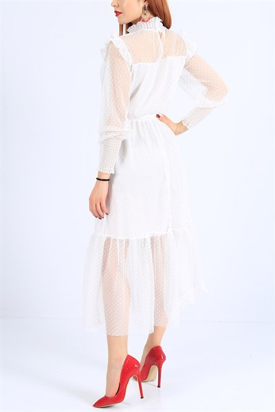 Gipeli Kol Yaka Beyaz Tüllü Elbise 25582B