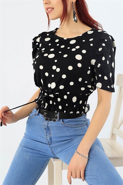 Gipeli Puantiyeli Siyah Bluz 29867B