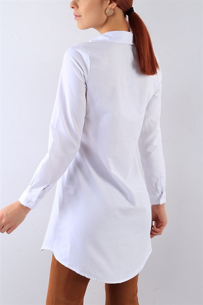 Gizli Düğmeli Uzun Beyaz Bayan Gömlek 19359B