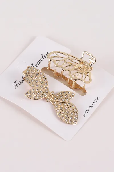 Gold 2'li Kelebek ve Fiyonk Model Üzeri Taşlı Küçük Boy Metal Mandal ve Pens Toka 458720