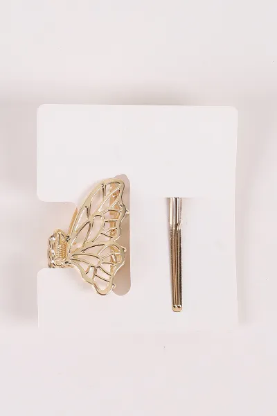 Gold 2'li Kelebek ve Fiyonk Model Üzeri Taşlı Küçük Boy Metal Mandal ve Pens Toka 458720