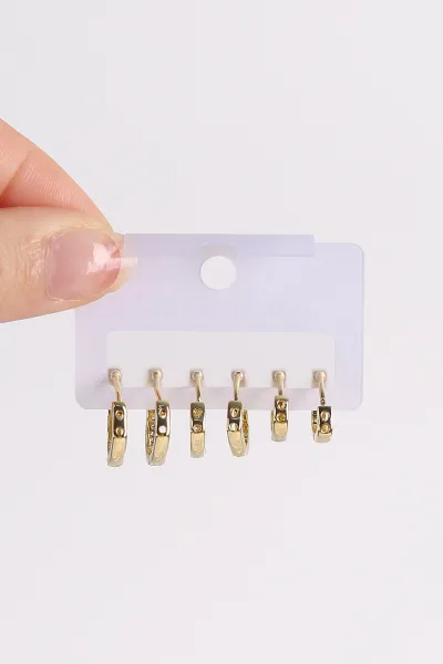 Gold 6'lı Kalp Model Zirkon Taşlı Çelik Küpe Seti 488183