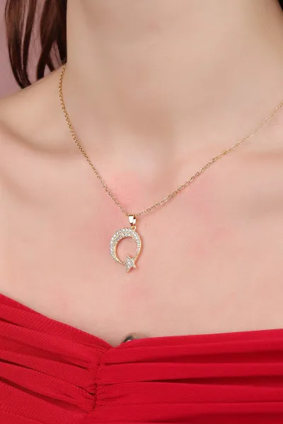 Gold Ayyıldız Model Zirkon Taşlı Çelik Kolye 309463