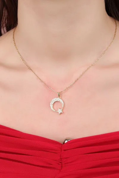 Gold Ayyıldız Model Zirkon Taşlı Çelik Kolye 309463