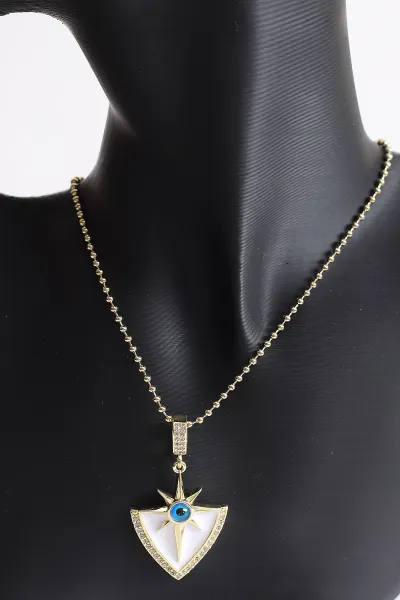 Gold Beyaz Mineli Nazar Boncuk Detaylı    Çelik Kolye 370795