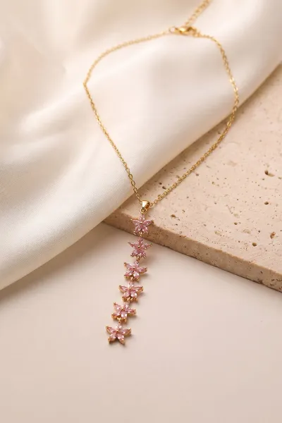 Gold Çiçek   Figürlü Zirkon Taşlı Çelik Kolye 463923