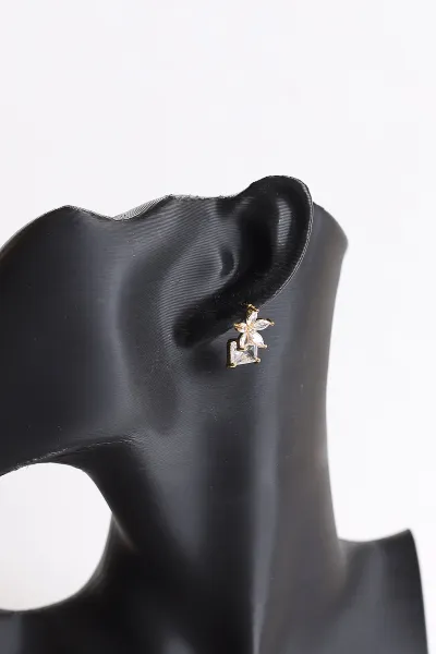 Gold Çiçek Model Baget Taşlı  Küpe 371010