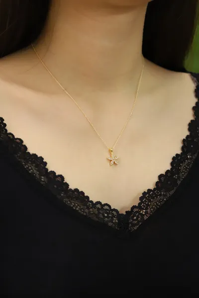 Gold Çiçek Model Zirkon Taşlı   Şık Kolye 430236