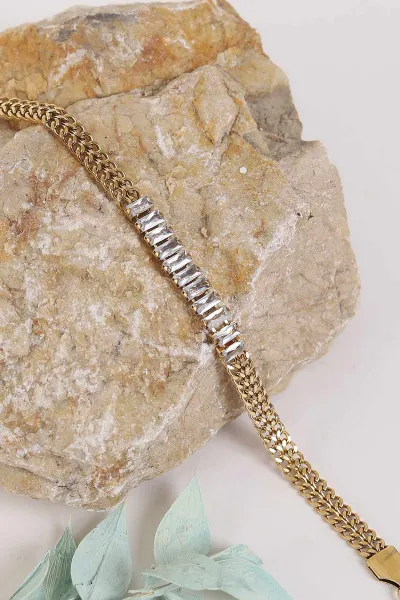 Gold Çift Sıra Zincirli Pırlanta Taş Detaylı Bileklik 267656