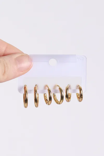 Gold Çoklu Karışık Model  Zirkon Taşlı  Çelik Küpe Seti 434303